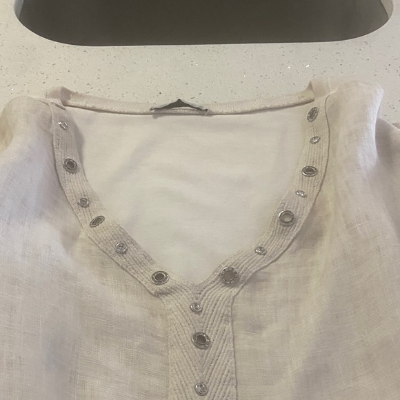 Elegant Cream Women's Top with Embellished Neckline - Picture 1 of 5